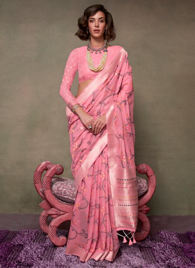 Cotton Pink Wedding Wear Hand Woven Saree